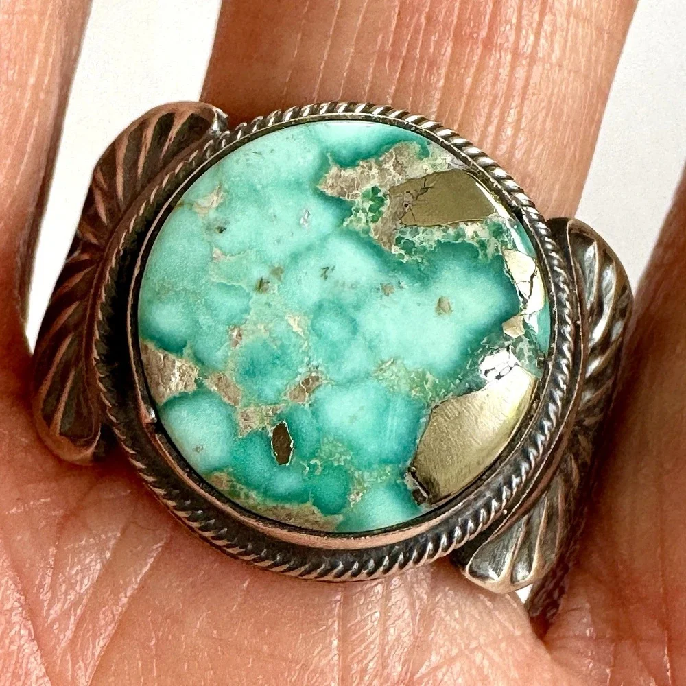 Navajo Turquoise Mens Ring Fox‎ w Pyrite 12 Signed Tillie Jon Sterling Wide Band